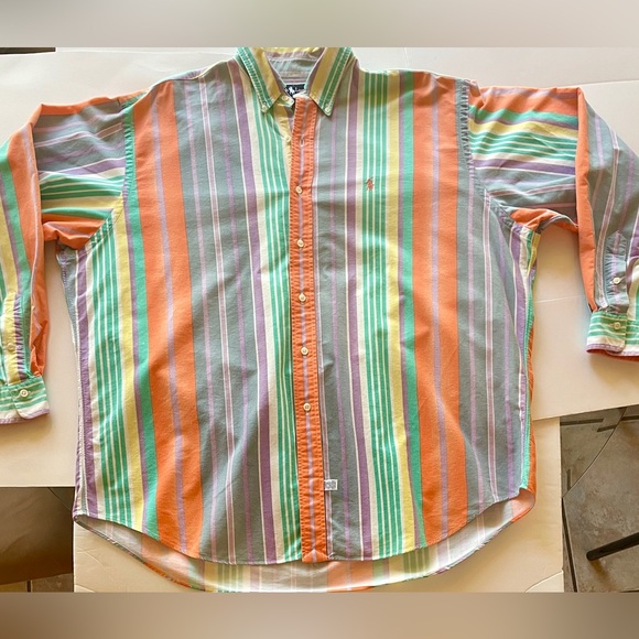 Vintage 80s Ralph Lauren Pastel Rainbow Stripe Cotton Long Sleeve Dress Shirt XL - Picture 7 of 16